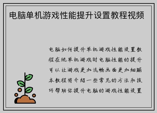 电脑单机游戏性能提升设置教程视频